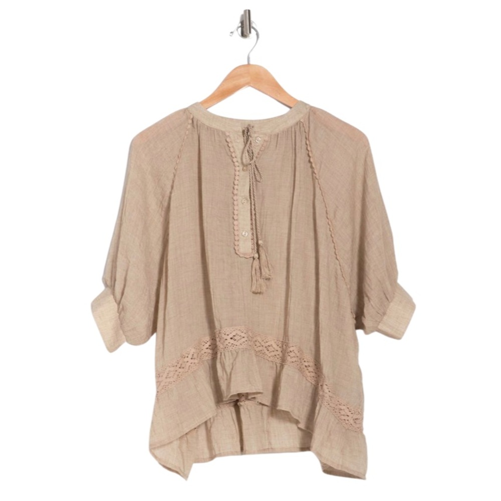 Everleigh Anthropology Top, Tan Ruffle Hem, Lace, Pom-Poms, Tassels Blouse NEW